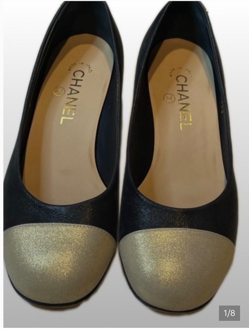 Authentic Chanel metallic black leather ballet flats with block heel gold captoe